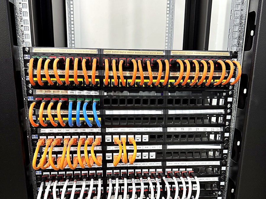 Düzenli kablolanmış patch panel ve kabinet